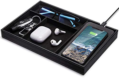 Valet Tray, Built in Wireless Charging Pad, Nightstand Organizer, Dresser Organizer, Mens Jewelry Box, Valet Charging Station, Faux Leather Valet Tray for Men and Women, (Black)