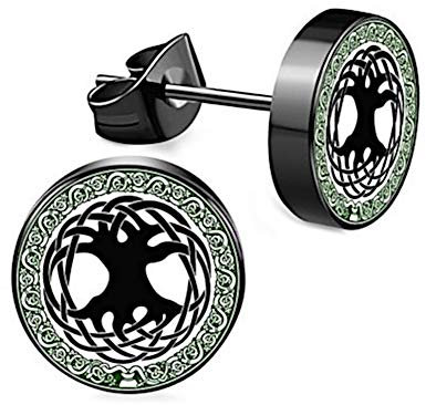 CHICNET Edelstahl Ohrstecker schwarz 8mm 10mm Viking Celtic Nordic Wikinger Norse keltisch Ohr Schmuck Chirurgenstahl Unisex weiß Tribal Männer Damen Herren Lebensbaum