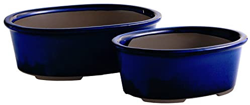 Wazakura Tokoname Serie 2-teiliges blaues handgefertigtes Bonsai-Topf-Set mit Drainagelöchern, rund, hergestellt in Japan, Keramik, Garten-Übertopf, glasierte Zimmerpflanzenschale – blau, 2 Stück