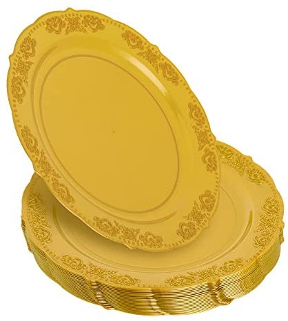 STACKABLES Pack of 20 Hard Gold Plastic Plate 9 Reusable Lunch & Dessert Plates for Weddings Parties Catering & Picnic