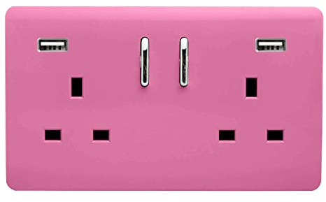 Trendi 2 Gang Artistic Modern Glossy 13 Amp 2 x 3.1mA USB Switched Plug Socket Pink