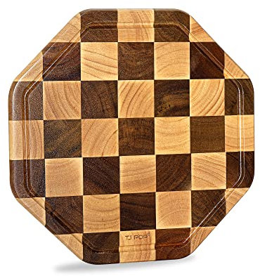 Schneidebrett Holz & Serviertablett, TJ POP Achteckiges Schneidebrett mit tiefer Saftrille, 31 x 31 x 2 cm, Perfekt für Brot, Fleisch, Obst, Gemüse und Käse
