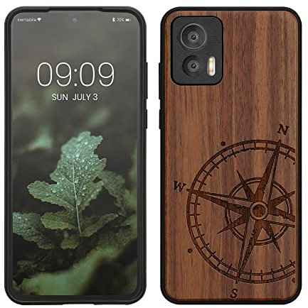 kwmobile Hülle kompatibel mit Motorola Edge 30 Neo Hülle - Holz Case - Handy Cover - TPU Handyhülle in Dunkelbraun Kompass Vintage