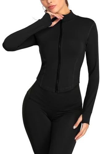 FEOYA Women's Full Zip Up Running Jacket Activewear Long Sleeve Yoga Top for Women UK Ladies Slim Fit Sports Top Black S Skinny Workout Gym Tops with Thumb Holes Stretch Fitness Crop Tops Sportswear
