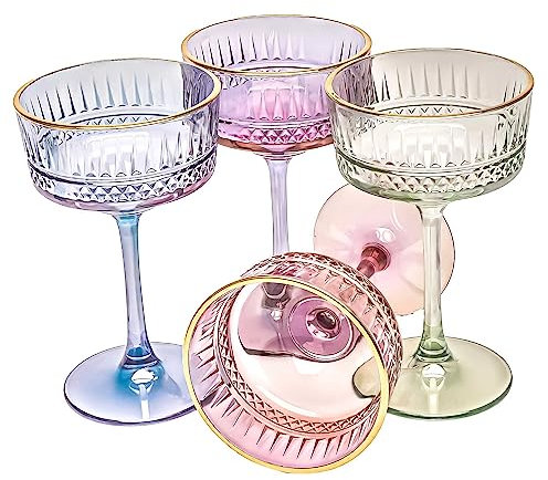 Farbige Vintage Coupe Gläser mit Goldrand, 4er Set, 260 ml/8,8 oz. Rotweingläser und Weißweingläser, Champagner, Cocktail, Martini, Gin und Prosecco Glas, Sektschalen