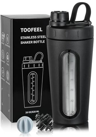 TOOFEEL Edelstahl Shaker Flasche – 28 oz Metall Shaker Becher für Protein-Shakes, 2 Schneebesen, bleibt nicht kalt/heiß, Protein Shaker Flasche mit sichtbarem Fenster, auslaufsichere Shaker Flasche