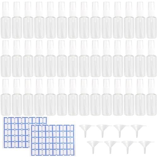 MOUYAT 60 PCS 30ml Clear Spray Bottles, Plastic Fine Mist Spray Bottles with Funnels And Labels, Plastic Refillable Spray Travel Bottle for Essential Oils, Perfumes, Floral Waters