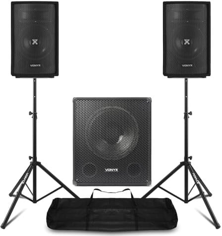 VONYX SMWBA15 Active PA Speaker Kit with 15 Subwoofer, Two 8 DJ Speakers, Adjustable Tripod Stands & Cables – Complete Audio System for DJs, Bands & Live Event Venues