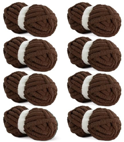 Hombys Dark Coffee Chunky Chenille-Garn zum Häkeln und Stricken, super sperrig, weicher Plüsch, 8 Jumbo-Packungen (27 m, je 237 g)