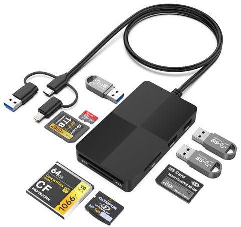 SD Card Reader Hub Lettore di Schede di Memoria Multi interfaccia da 5Gbps con Porte USB,USB-C,Lightning e USB3.0 per Fotografi,Registi e creatori di contenuti Compatibile con iPhone,iPad,Windows,Mac