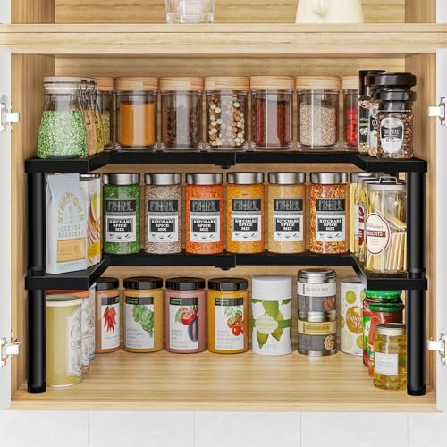 THYGIFTREE Gewürzregal für Schrank, erweiterbar, Metall, Gewürz-Organisation, höhenverstellbar, 2 Etagen, Gewürzregal für Schrank, Speisekammer