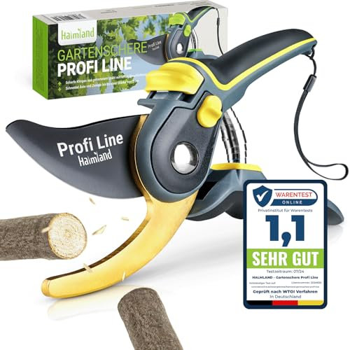 halmland® Premium Gartenschere mit scharfer SK5 Stahlklinge | Astschere, Pflanzenschere | schneidet Äste bis 20mm Durchmesser | Teflon-Antihaftbeschichtung | für große & kleine Hände | Gelb