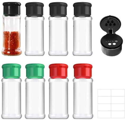8 Stück Gewürzdosen mit Deckel, 100ml Transparente Gewürzgläser aus Kunststoff, Vorratsdosen mit Siebverschluss für Gewürz Salz Pfeffer Pulver, Kräutern und Pulvern (Schwarz, Rot, Grün)