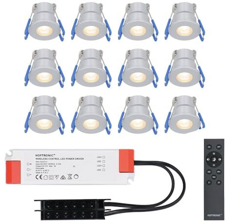 HOFTRONIC - Einbaustrahler Feuchtraum Badezimmer 12V Terrassenüberdachung IP65 Wasserdicht | 12x3W | 12x200 Lumen Warmweiß lichtfarbe Dimmbar RF-Fernbedienung. 3W Mini LED Einbaustrahler Flach 35mm