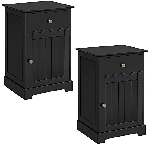 Yaheetech Lot de 2 Tables de Chevet Noir Chambre avec Tiroir Table de Nuit Carrée avec Tablette Réglable Porte Battante Table d'Appoint Canapé Salon Bureau 40 × 35 × 60 cm