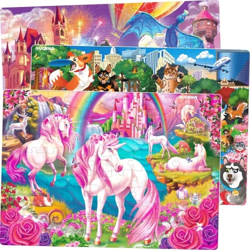 100 Teile Puzzle ab 4 5 6 Jahre – 3 Groß Spiele für Mädchen und Jungen von QUOKKA – Kinder Spielzeug mit Einhorn Prinzessin und Tieren – Bodenpuzzles Geschenk für 7 8 Jährige