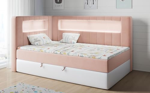 MKS MEBLE Kinderbett mit Led, Boxspringbett 90x200 mit Led, Einzelbett 90x200 mit Bettkasten und Topper, Kinderbett 90x200 mit Matratze und Stauraum - Gold 3 Junior - Rosa und Weiß - Links