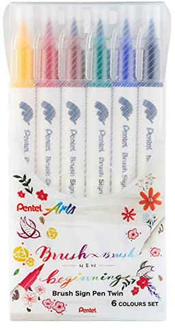 Pentel SESW30C-6 Brush Sign Pen Twin, 6-Farben-Set, Fasermaler mit zwei flexiblen Schreibspitzen, Tinte auf Wasserbasis, sortiert, 1 Stück (6er Pack)