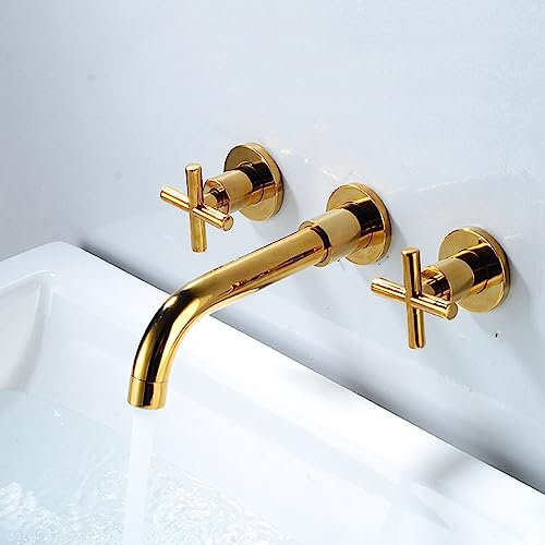 ZYCDP Wasserhahn Bad Waschbecken Wandmontage,Armatur Waschbecken Messing,Wasserhahn Bad 360° Wandmontage,Kaltes und Heißes Wasser Vorhanden,Doppelgriff,Unterputz Waschtischarmatur,Gold