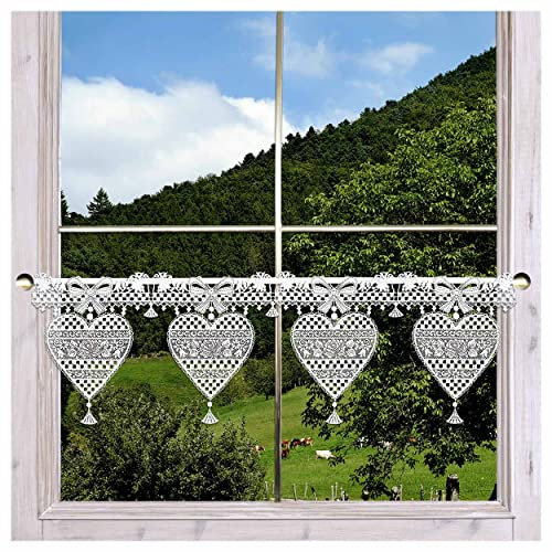 Feenhaus-Scheibenhänger Herz Annemarie Plauener Spitze in weiß-braun rustikale Kurzgardine mit Blüten im Landhaus-Stil 23 x 92 cm