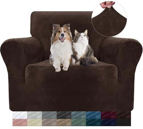 YSTELLAA Samt Stretch Sofabezug 1 Sitzer, Sofaschoner rutschfest Sofa Überzug, Sofa Cover Mit Armlehnen, Elastischer Couch Überzug, Sesselschoner Sofaschutz Katze, Dunkler Kaffee