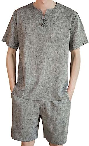 Beokeuioe Pyjama Set Shorts&T-shirt Baumwoll-Leinen Strand Anzug Schlafanzug Herren Kurz Chinesischer Zweiteiliger Sommer Nachtwäsche Hausanzug Shorty Sleepwear Trainingsanzug