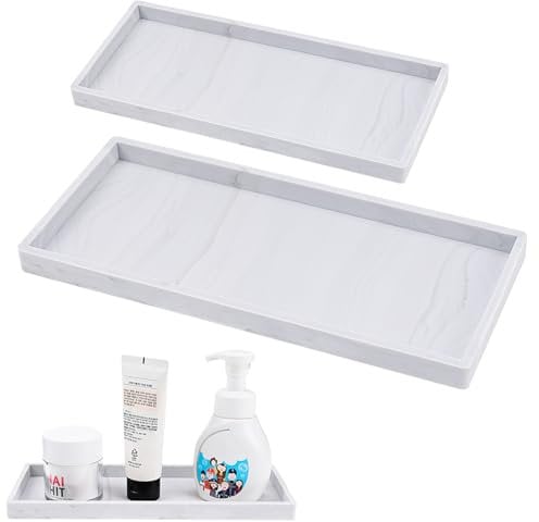 Invalidism 2 Pcs Bathroom Tray Organiser (7.8 and 11.8) Silicone Vanity Tray Shatterproof Sink Tray Countertop Organizer for Cosmetic Kitchen Bath Table Candles Towel Soap Perfume Jewelry (Marble)