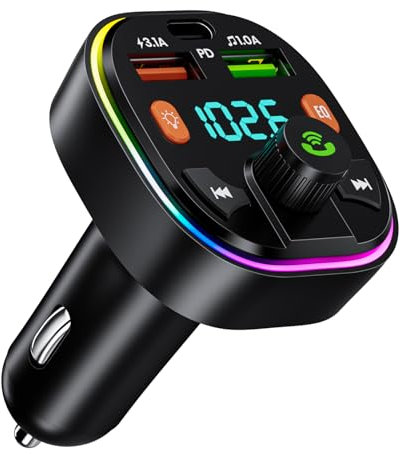 GlasFlength Bluetooth 5.0 FM Transmitter Auto Bluetooth Adapter mit Freisprecheinrichtung, PD 20W & Typ-C QC 3.0 Bass & Hi-Fi Stereo Auto Radio Adapter