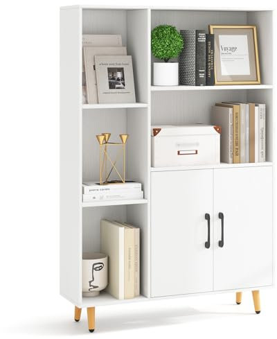 COSTWAY Bibliothèque avec 2 Portes et 5 Compartiments Ouverts, Armoire de Rangement, Vitrine Moderne avec Pieds en Métal, Rangement pour Salon, Salle à Manger, Cuisine, Bureau, Blanc