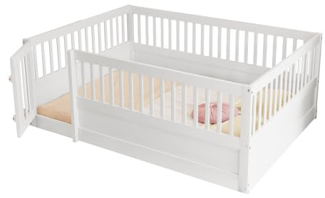 HAINEW Bodenbett Kinderbett 140x200 cm mit Tür und 60cm Hoher Zaun, Holzbett Funktionsbett mit Rausfallschutz für Junge oder Mädchen, Ohne Matratze (Weiß)