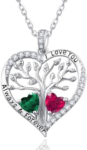 Tree of Life Birthstone Necklaces 20th 30th 40th 50th 60th Birthday Gifts Jewellery for Women May and July Birthstones Emerald and Ruby Necklace