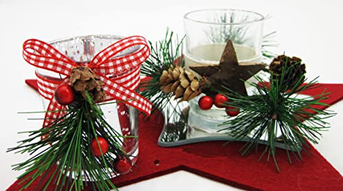Sigro 2 Spiegel Glas Teelichthalter Sortiert mit Tannenzapfen und Ilex Decor, 14 x 14 x 7 cm