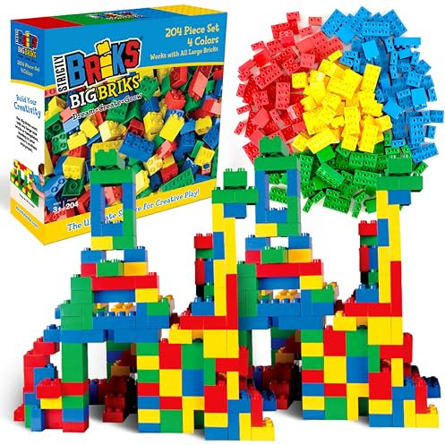 Strictly Briks Toy Grands Blocs de Construction pour Enfants et Tout-Petits, Jeu de Grosses Briques pour 3 Ans et Plus, Bleu, Vert, Rouge et Jaune, 204 pièces