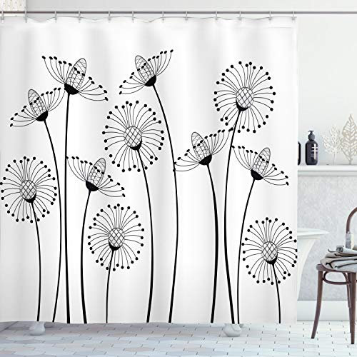ABAKUHAUS Noir et Blanc Rideau de Douche, Meadows, Tissu Ensemble de Décor de Salle de Bain avec Crochets, 175 cm x 240 cm, Noir Blanc