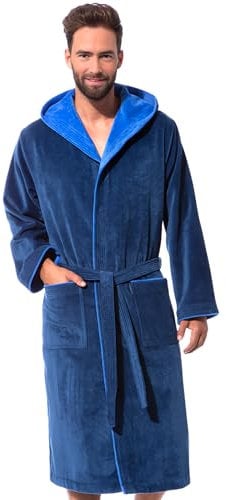 Morgenstern Bademantel Herren Kapuze 100% Baumwolle Frottee OEKO-TEX Velours Morgenmantel Lang Finn Blau L