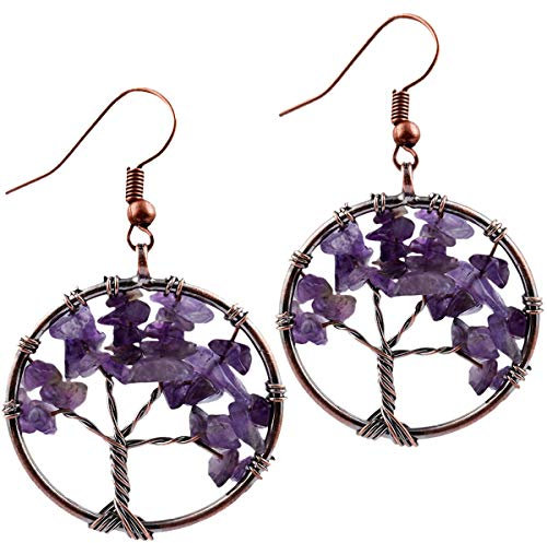 KYEYGWO Arbre de Vie Boucles d'Oreilles Pendantes pour Femme, Chakra Pendants d'Oreilles en Pierre de Cristal Naturel 3.6-4, Améthyste