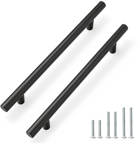 PinLin 10 Pack Kitchen Door Handles 160mm Hole Centre Flat Black Cabinet Handles Stainless Steel Cupboard T Bar Handle (Screws Included)