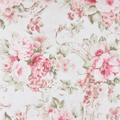 SCHÖNER LEBEN. Gardinenstoff Dekostoff Pfingstrosen Blüten Ornamente Creme rosa pink