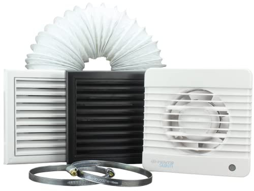 VENTS Silent Bathroom Fan Extractor Kit 100mm Diameter (4 inch) Ceiling or Wall Mounted Shower Toilet Complete with Ducting and Clips No Sensors