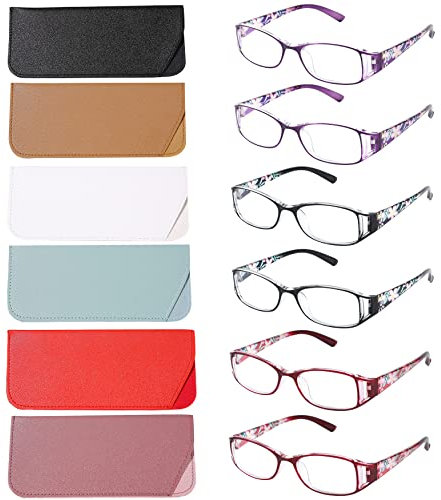 WALMXX 6 Paar Lesebrillen, Mode für Damen und elegant, antike Lesebrillen aus HD-Harz, mit blauem Licht (2 rot, 2 schwarz, 2 lila, 3, Multiplikator_X), 2 Rot, 2 Schwarz, 2 Violett, 125 mm