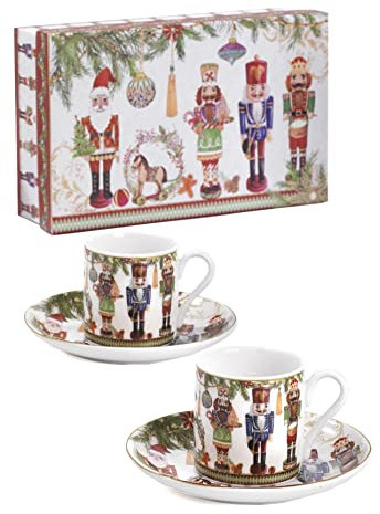 PABEN Set 2 Tassen + Untertassen mit Nussknacker Weihnachten 12,5 cm aus Porzellan mit Farbbox Nàvel