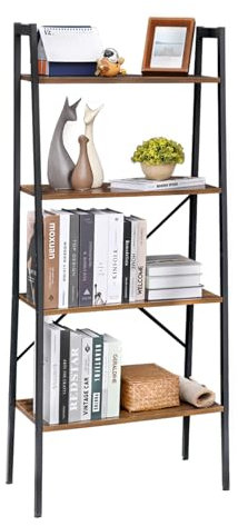 H JINHUI 4-Tier Ladder Shelf, Bookshelf, Living Room Bookcases, Plant Stand, Industrial Style Vintage Storage Shelves for Living Room, Home Office, Study, Hallway, Rustic Brown and Black