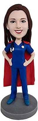 mydedor Benutzerdefinierte Wackelköpfe Figur Puppe, weibliche Superkrankenschwester im blauen Anzug benutzerdefinierter Wackelkopf, Wackelkopf-Figuren handgefertigte personalisierte