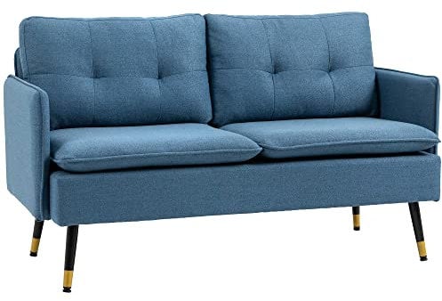HOMCOM Canapé 2 Places Design scandinave Tissu Effet Lin Bleu avec Passepoil 139 x 68 x 80 cm