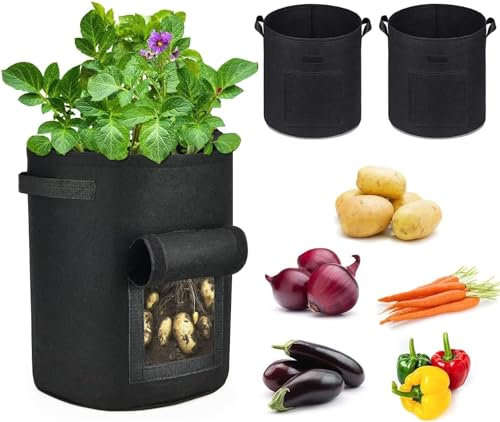 MOLENCO Kartoffel Pflanzsack, 2 Stück 10 Gallonen Pflanzsack Kartoffeln, Kartoffelsack zum Pflanzen mit Griffe und Sichtbarem Fenster für Tomaten Gemüse Obst - Schwarz