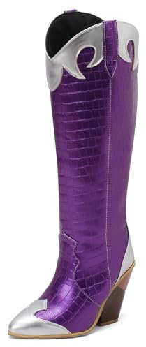 Diuniarza Donna Stivali Occidentali Knee High Appuntito Zip Stivali Occidentali Moda Esteriore Inverno Stivali Alti Viola Numero 34 EU