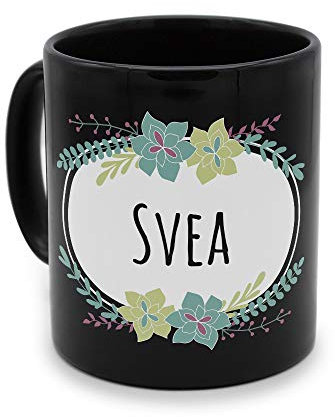 printplanet - Tasse Schwarz mit Namen Svea - Motiv: Flowers - Namenstasse, Kaffeebecher, Mug, Becher, Kaffeetasse