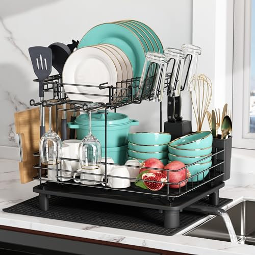 MAJALiS Escurridor de Platos, Escurreplatos de 2 Niveles para Encimera de Cocina, Escurreplatos Acero Inoxidable con Escurridor, para Platos, Tazones, Tazas, Cuchillos, Tenedores, Negro