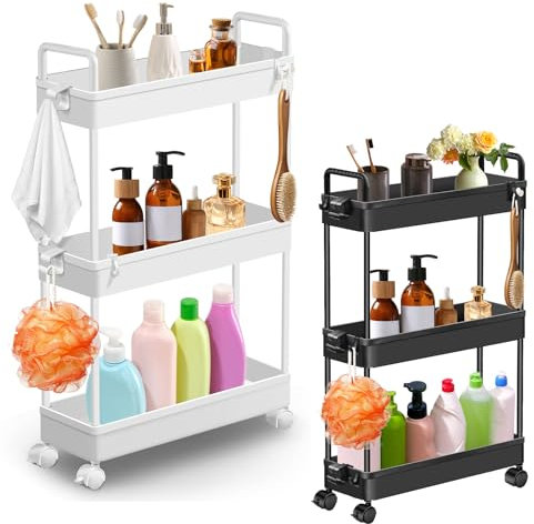 3-Tier Slim Storage Trolley Cart Beauty Trolley on Wheels Metal Mobile Rolling Trolley with Handle Hook Slide Out Utility Cart Multipurpose Storage Carts for Home Kitchen Bathroom Laundry Office White