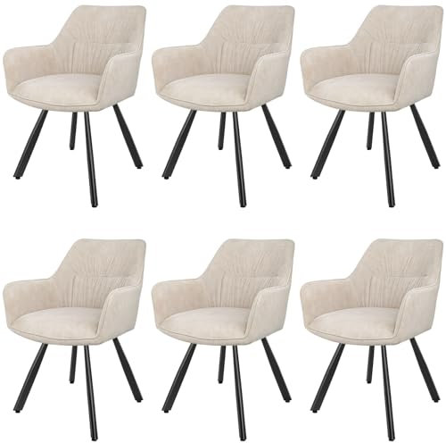 LEWE Esszimmerstühle 6er Set Drehbar, 180° Drehstuhl, Ergonomisch Polsterstuhl, Küchenstühle mit Armlehne, Metallbeine, Kurzflor-Stoff für Esszimmer Wohnzimmer Schlafzimmer, Khaki